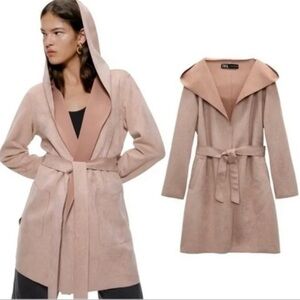 Zara Blush Pink Faux Suede Hooded Coat size XS